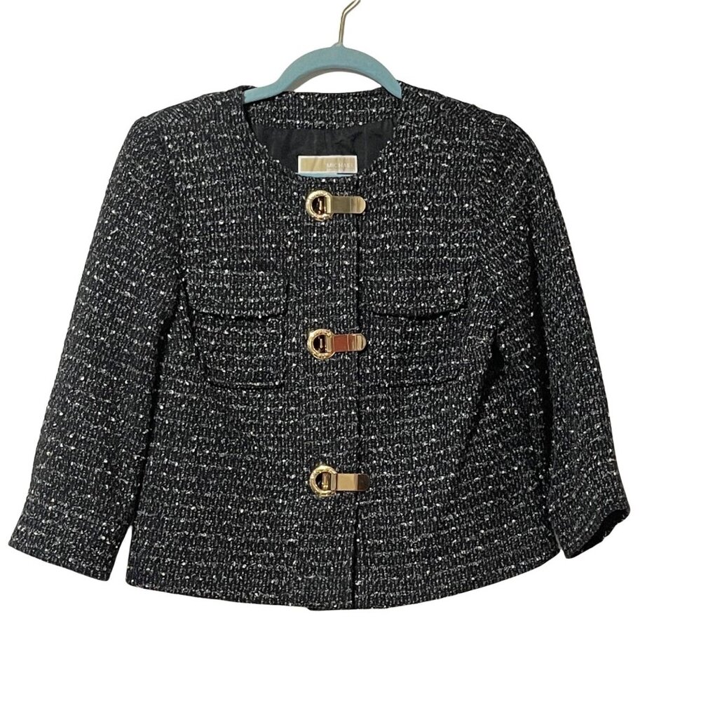 Michael Kors Size S Black & White Tweed Cropped Jacket Goldtone Hardware Pockets
